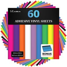 50 sheets of assorted vinyl sheets in various colors and sizes, each with an adhesive