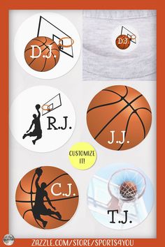 stickers with basketballs on them and the names of different sports teams in each