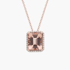 This romantic pendant is defined by an elegant emerald-cut morganite stone at its heart, surrounded by a shimmering halo. The warm gleam of the 14k rose gold complements the pink hues of the stone beautifully. Emerald Cut Rose Gold Jewelry With Halo Design, Emerald Cut Rose Gold Halo Jewelry, Elegant Rose Gold Morganite Jewelry, Timeless Morganite Rose Gold Jewelry, Timeless Rose Gold Morganite Jewelry, Morganite Halo Design Jewelry For Formal Occasions, Elegant 14k Rose Gold Emerald Cut Jewelry, Elegant 14k Rose Gold Jewelry With Emerald Cut, Rose Gold Emerald-cut Jewelry With Halo Setting