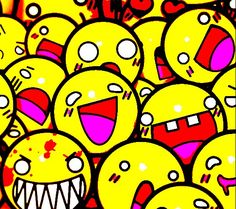 a bunch of yellow smiley faces with mouths open and eyes wide open in front of them