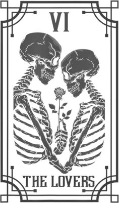 the lovers tarot card with two skeletons holding flowers