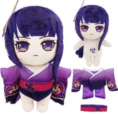 an anime doll with purple hair and blue eyes, wearing a purple outfit that has red accents