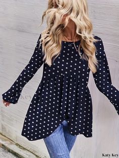 Katykey - Polka Dot Print High-Low Blouse: Elegant Flared Sleeve Top for Spring and Fall Attire, Womens Fashion Casual Polka Dot Blouse For Fall, Polka Dot Long Sleeve Top For Fall, Blouse Elegant, Fall Attire, Shirting Fabric, High Low Blouse, Polka Dot Print, Sleeve Detail, Fall Wardrobe