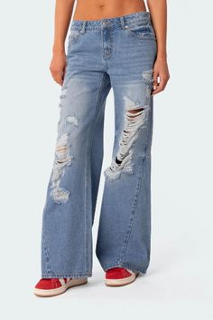 SIZE: M/L Distressed Wide Leg Jeans, Jeans Wide, Swimwear Dress, Wide Jeans, Denim Details, Cute Everyday Outfits, Low Rise Jeans, Denim Top, Denim Fabric