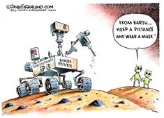 a cartoon with an image of a rover on the ground and another robot standing next to it