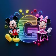 mickey and minnie mouse standing next to the letter g