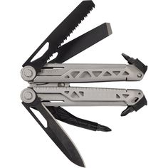 four swiss army knifes with black handles and blades on them, all in different sizes