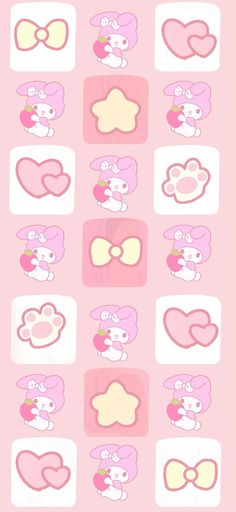 the pink background has hearts and bows on it's sides, as well as an image