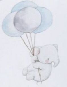 a drawing of a teddy bear holding two balloons