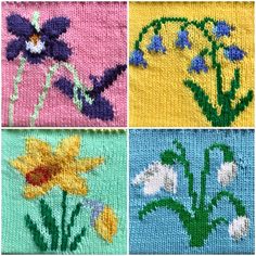 four different pictures of flowers on knitted material