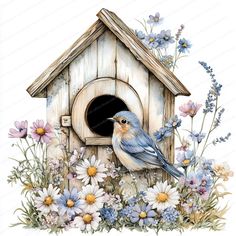 a blue bird sitting on top of a wooden birdhouse surrounded by wildflowers and daisies