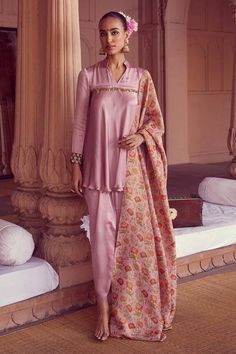 Pink full sleeves short flared kurta with sequin coin embellishments and bloom embroidery on the sleeves hem. Paired with a dhoti pant. - Aza Fashions Kurta With Dhoti, Bloom Embroidery, Kurta Patterns, Short Kurta, Pant For Women, Embellished Shorts, Dhoti Pants, Satin Color, Full Sleeves