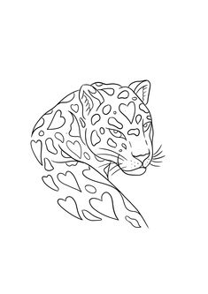 a black and white drawing of a leopard with spots on it's face, looking to the side