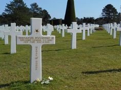 a cemetery with white crosses and flowers on the grass in front of it, surrounded by trees