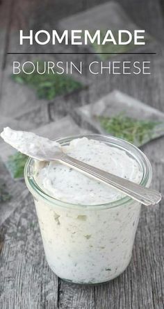 homemade bourssin cheese in a glass jar with a spoon on the side and text overlay that reads, homemade bourssin cheese