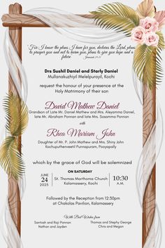 an ornate wedding card with flowers and palm leaves on the front, in white background