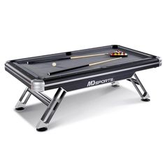 a black pool table with two cues and balls on it, in front of a white background