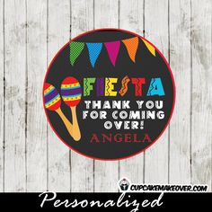 a sign that says fiesta, thank you for coming over ancela on a wooden background