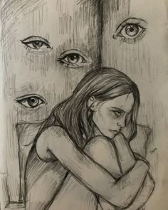 a pencil drawing of two girls hugging each other