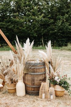 an arrangement of plants and vases on the ground in front of a wooden barrel