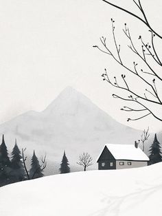 a painting of a house in the snow with trees and mountains in the back ground