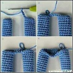 four photos showing how to crochet an object