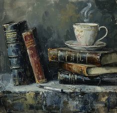 Oil Painting: Books and Coffee Still Life Oil Painting For Gift, Books Canvas Painting, Book Paintings On Canvas, Coffee And Book Aesthetic, Book Stack Painting, Books Painting Art, Cup Of Coffee Painting, Painting Of Books