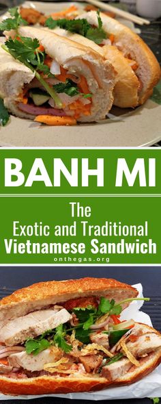 banh mi exotic and traditional vietnamese sandwhich with text overlay that reads banh mi exotic and traditional vietnamese sandwhich