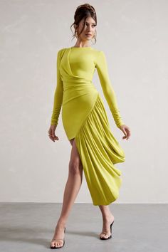 Tate Lime Green Long-Sleeve Wrap Mini Dress With Drape – Club L London - USA Wrap Dress Club, 1 Sleeve Dresses, 2022 Trendy Dress, Two Piece Dress Long Sleeve, Swirl Bodycon Dress, Glam Wrap Dress, Lime Green Elegant Dresses, Neon Lime Green Dress, Cutout Long Sleeve Dress