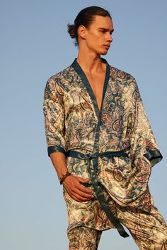 Silk Home Kimono With Kimono Sleeves, Paisley Kimono, Silky Robe, Male Kimono, Blue Kimono, Bohemian Dress, Waist Belt, Kimonos, Flared Sleeves