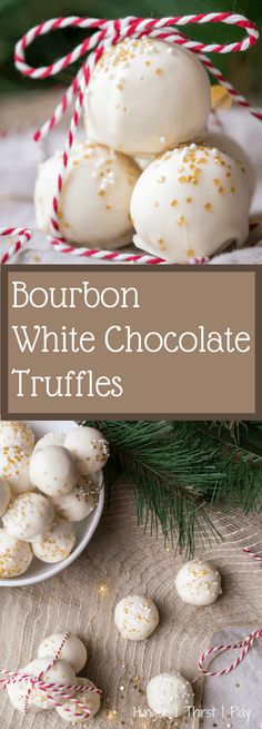 bourbon white chocolate truffles on a plate with candy canes and christmas decorations