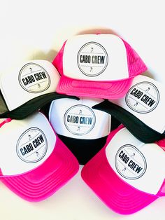 How cute will you and your group look in these custom Cabo Crew Hats So fun! We can create these hats for any vacation. These are personalized with your own saying! Perfect for a 30th birthday, 40th birthday, wedding party, or any group vacation to unify you as a group and come home with cute pictures and fun memories! *this is an adult size trucker hat I welcome custom requests ~ please convo me to work out your own design! :: Hat Details :: - 100% Polyester Front - 100% Nylon Mesh Back - 5-pan 40th Birthday Trip Favors, Custom Hat Design Ideas, 40th Birthday Mexico Trip Gifts, 40th Birthday In Mexico, 40th Birthday Hat, Cabo 40th Birthday, 40th Birthday In Cabo, 40th Birthday Hats For Group, 40th Birthday Mexico Trip