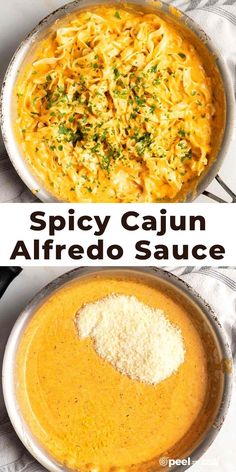 two different types of sauces in pans with the words spicy cajun alfredo sauce