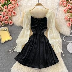 Materials: other Size: m, l Color: apricot, black Cloth Ideas, Puffy Dresses, Design Clothes, Fashion Design Clothes, Cute Casual Outfits, Square Neck, Pretty Outfits, Apricot, Victorian Dress