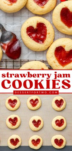 These Easy Strawberry Jam Cookies are the dessert to make at home all year long! This sweet food features a melt-in-your-mouth shortbread cookie recipe. With heart centers filled with strawberry jelly, these thumbprint cookies are cute and tasty! Day Party Food Ideas, Strawberry Jam Cookies, Heart Cookies Recipe, Easy Strawberry Jam, Jelly Cookies, Caramel Chocolate Chip Cookies, Valentines Baking, Thumbprint Cookies Recipe, Jam Cookies