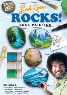 bob ross's rocks rock painting book with markers and pencils on the cover