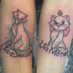 two tattoos with cats on their legs that say, keep daughter like mother and cat