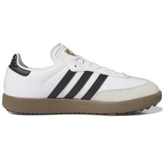 Adidas Samba Golf ‘White Black Gum’: “Classic white Samba Golf with black accents and a gum sole, merging sporty function with timeless style for the golf course.” White Samba, Samba Shoes, Adidas Samba Og, Black Gums, Black Accents, Go Up, Adidas Samba, Adidas Logo, Golf Course