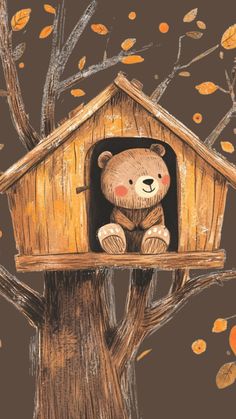 a drawing of a teddy bear sitting in a tree house with autumn leaves around it