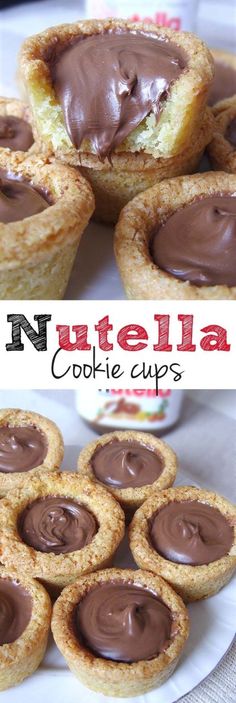 nutella cookie cups on a plate with chocolate frosting in the middle and inside