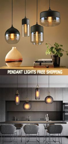 an image of modern lighting fixtures in the kitchen and dining room with text overlay that reads, pendant lights free shipping