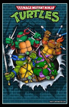 the teenage mutant ninja turtles poster is shown in front of a brick wall with two swords and