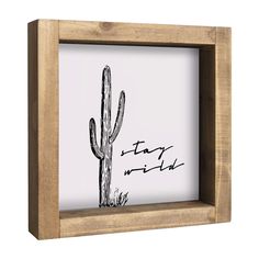 a wooden frame with a drawing of a cactus and the words stay wild on it