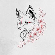 a drawing of a fox with flowers in its mouth