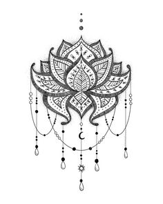 a black and white drawing of a flower with beads hanging from it's petals