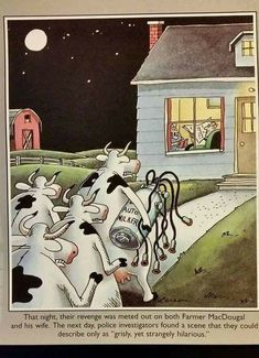 an old cartoon shows cows in front of a house at night with the door open