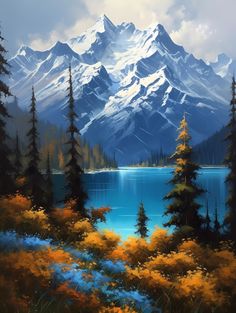 a painting of mountains and trees with water in the foreground