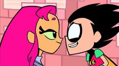 an animated image of two people with pink hair and green eyes, one is kissing the other