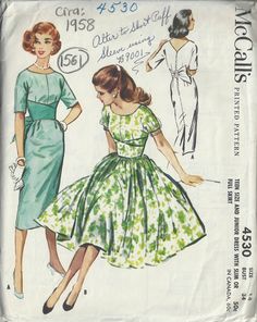 ✦ Circa:    1958 ✦ Details:  TWO-STYLE VARIATION DRESS ✦ Size/Measurements(Inches):     ~ Size:  14     ~ Bust: 34″     ~ Waist:  26″    ~ Hip:  36″ ~ Please Note: ~ You are buying a 'Professional Reproduced' copy of this sewing pattern. Copied from the original sewing pattern. Produced in Full Scale Pattern Pieces ready to cut with full instructions included. Reproduced on high quality 50 gm paper with black ink, durable and easier for reuse. Printed by a Professional Printing Company.   ~ With 40's Fashion, Junior Dress, Vintage Vogue Sewing Patterns, Patron Vintage, Skirt Sewing, Vintage Dress Patterns, Fashion 1950s, Century Clothing, 50 Style