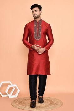 Maroon full sleeves kurta with gardenia embroidery on the yoke and neckline. Paired with a churidar. - Aza Fashions Traditional Red Churidar With Floral Embroidery, Traditional Wear With Floral Embroidery And Long Sleeves, Fitted Long Sleeve Churidar With Embroidered Border, Traditional Fit Bandhgala With Zari Work And Long Sleeves, Designer Long Sleeve Chanderi Sherwani, Festive Traditional Fit Bandhgala With Long Sleeves, Festive Bandhgala With Long Sleeves, Festive Long Sleeve Bandhgala With Traditional Fit, Long Sleeve Sets With Embroidered Border For Festivals